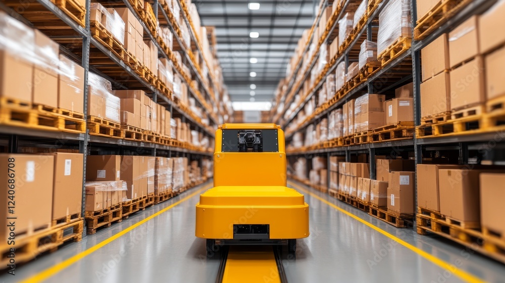 An automated guided vehicle (AGV) in a warehouse, optimizing logistics and efficiency. An automated guided vehicle (AGV) in a warehouse, optimizing logistics and efficiency.