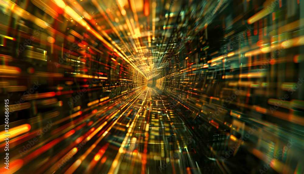 Fototapeta premium Abstract digital tunnel with vibrant light streaks, creating a sense of motion and depth