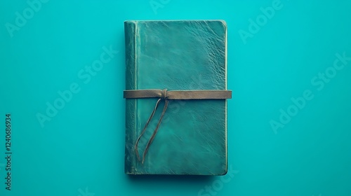 Leatherbound journal on neon emerald blue on a isolated colorful background