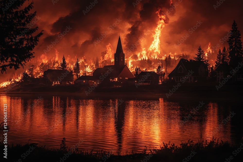 Obraz premium Wildfire engulfs town near forest at dusk with flames reflecting on water