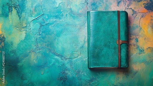 Leatherbound journal on neon emerald blue on a isolated colorful background