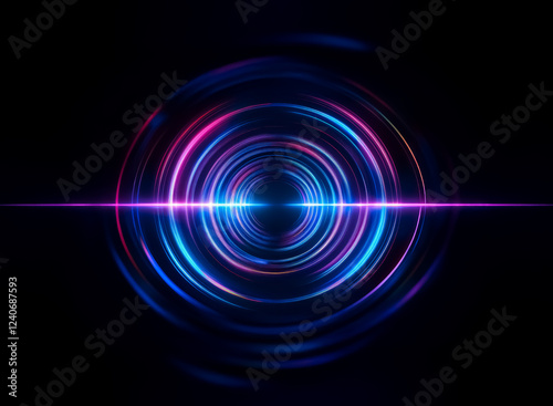Vibrant concentric circles of blue and pink light radiate outward from a bright core, intersected by a horizontal beam of light against a black background.  The effect is mesmerizing and suggests ener
