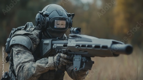 Futuristic Soldier in Combat Gear Aims Advanced Weaponry