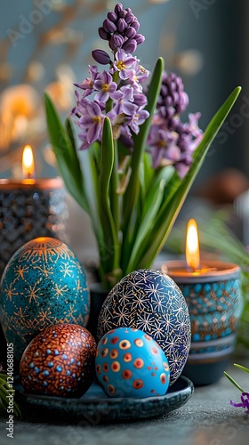 Vibrant Haft Seen Tablescape with Hyacinths Painted Eggs and Candles photo