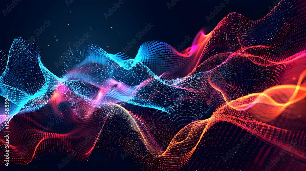 Fototapeta premium Vibrant abstract wave patterns in blue, pink, and orange, creating a dynamic digital landscape