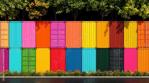 A series of vibrant shipping containers against a backdrop of lush trees blending industrial logistics with natural beauty.