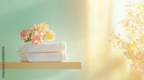 Warm Sunlight on Freshly Washed White Towel, Gentle Floral Aroma Visualized as Floating Waves, Generative AI photo