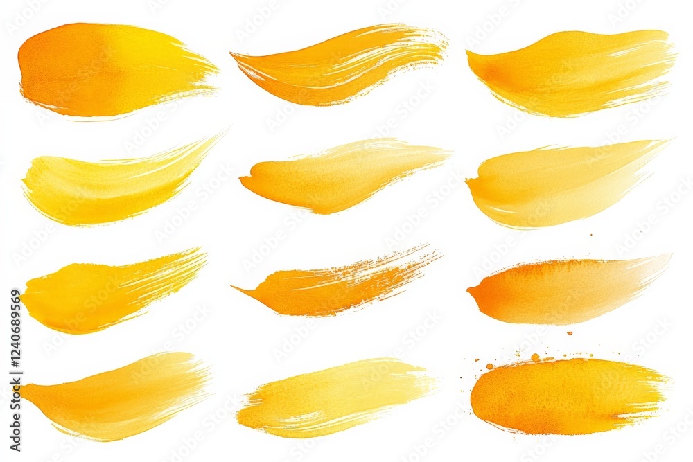Different shades of yellow paint strokes on a white background for artistic design applications Different shades of yellow paint strokes on a white background for artistic design applications