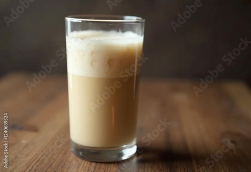 Creamy Coffee Drink in Glass on Wooden Table