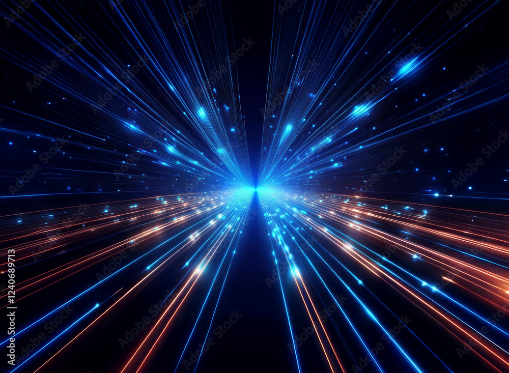 Abstract image depicting a mesmerizing burst of blue and orange light streaks converging at a central point, suggesting speed, energy, and movement through a dark, starry expanse. Abstract image depicting a mesmerizing burst of blue and orange light streaks converging at a central point, suggesting speed, energy, and movement through a dark, starry expanse.