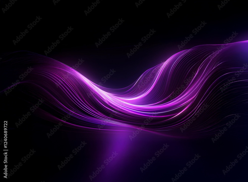 Naklejka premium Abstract image of flowing, luminous purple waves against a black background. The curves create a sense of movement and energy, with a subtle reflection below.