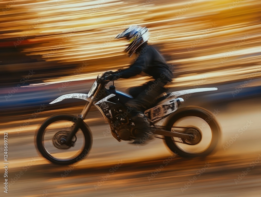 Fototapeta premium Blurred motocross rider speeds through a golden sunset scene during a race