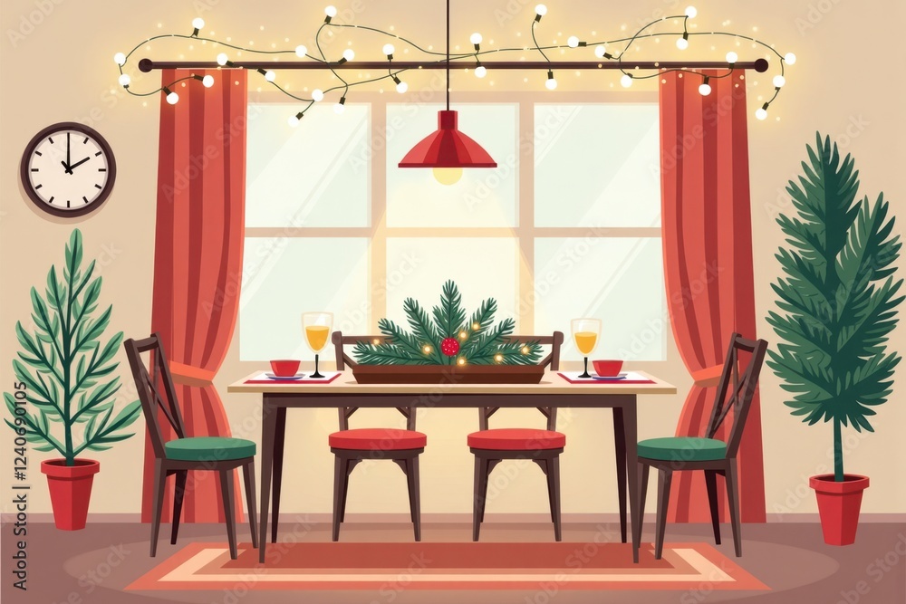 Obraz premium A delightful dining area adorned for Christmas with a beautifully set table, sparkling fairy lights above, and a centerpiece of pine branches and ornaments. Flat Design.