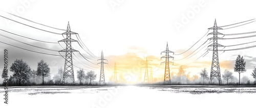 Power Lines Sketching Across a Peaceful Landscape at Sunrise