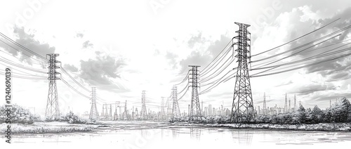 Detailed Sketch of Power Transmission Lines and Industrial Landscape