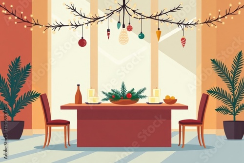 A delightful dining area adorned for Christmas with a beautifully set table, sparkling fairy lights above, and a centerpiece of pine branches and ornaments. Flat Design.