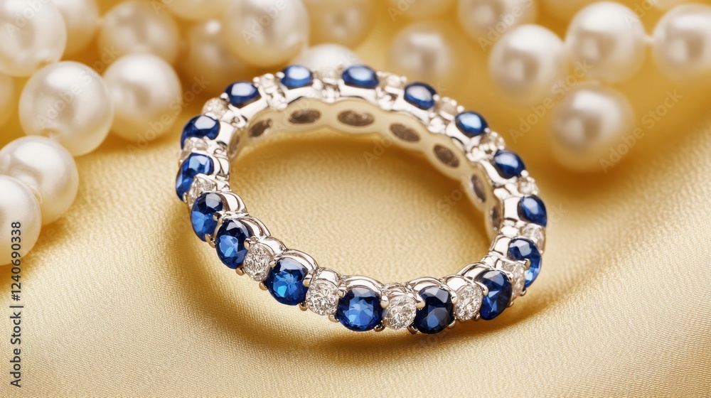 Sapphire and diamond eternity band placed on a neutral-toned silk cloth Sapphire and diamond eternity band placed on a neutral-toned silk cloth