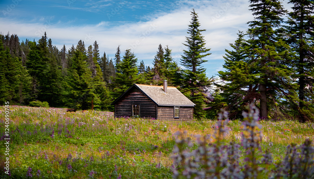 Small Wooden Cabin in a Green Field Surrounded by Trees Under a Clear Blue Sky – Peaceful Rural Escape Small Wooden Cabin in a Green Field Surrounded by Trees Under a Clear Blue Sky – Peaceful Rural Escape