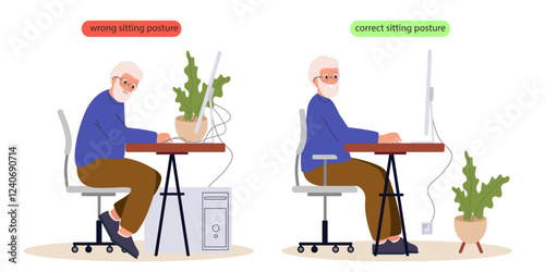 Correct good position vs bad incorrect posture for sitting at computer desk. Right and wrong back, neck and legs poses of Old man, elderly person at workplace. Vector 