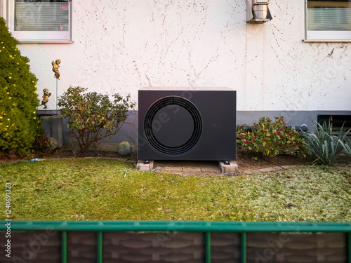 Eine schwarze Wärmepumpe in einem Vorgarten in Langenfeld, Deutschland