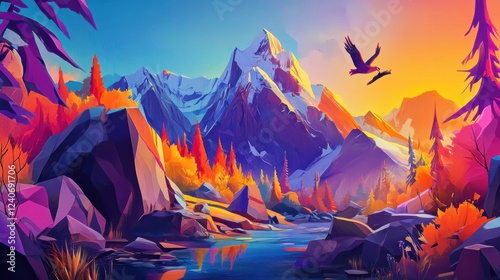 Colorful Autumn Landscape with Mountains and Sunset Vibes