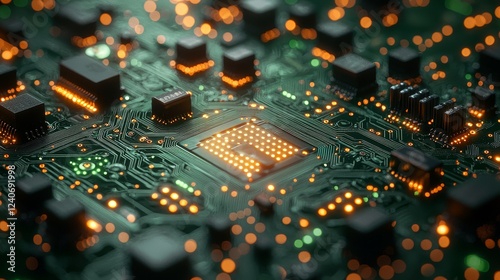 A close-up view of a vibrant green circuit board, pulsing with digital life, evoking the power and complexity of modern technology