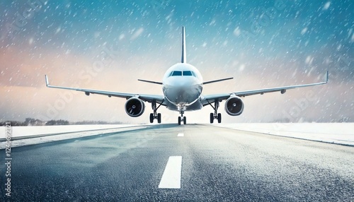 El avión aterriza en la pista del aeropuerto con una ventisca de nieve