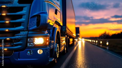 A semi-truck driving into the sunset on a highway symbolizing cargo transportation logistics and supply chain efficiency. Emphasizes movement delivery and the vast network of modern shipping