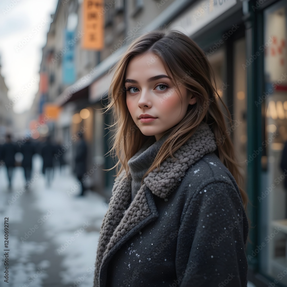 Wom with a coat on the street Wom with a coat on the street