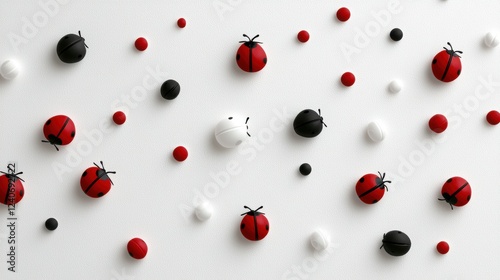 Ladybugs of various colors and sizes scattered across a white background. photo