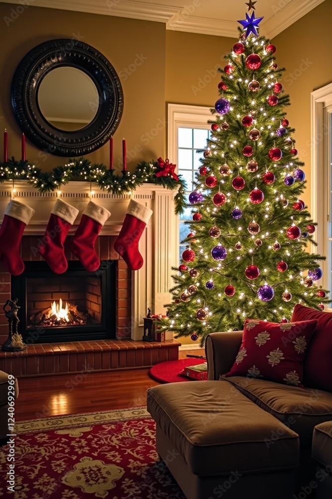 Fototapeta premium A family room decorated for Christmas with a large tree adorned with colorful lights and ornaments, stockings hanging by the fireplace, and festive pillows on the couch.