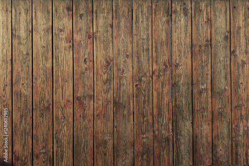 Wooden background. Surface of old rustic wooden fence with peeling paint and scratches photo