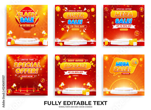 Collection of discount sale promo banner templates. Collection of flash sale, big sale, super sale, and mega sale promo discounts with podium, spotlights, and realistic abstract backgrounds.