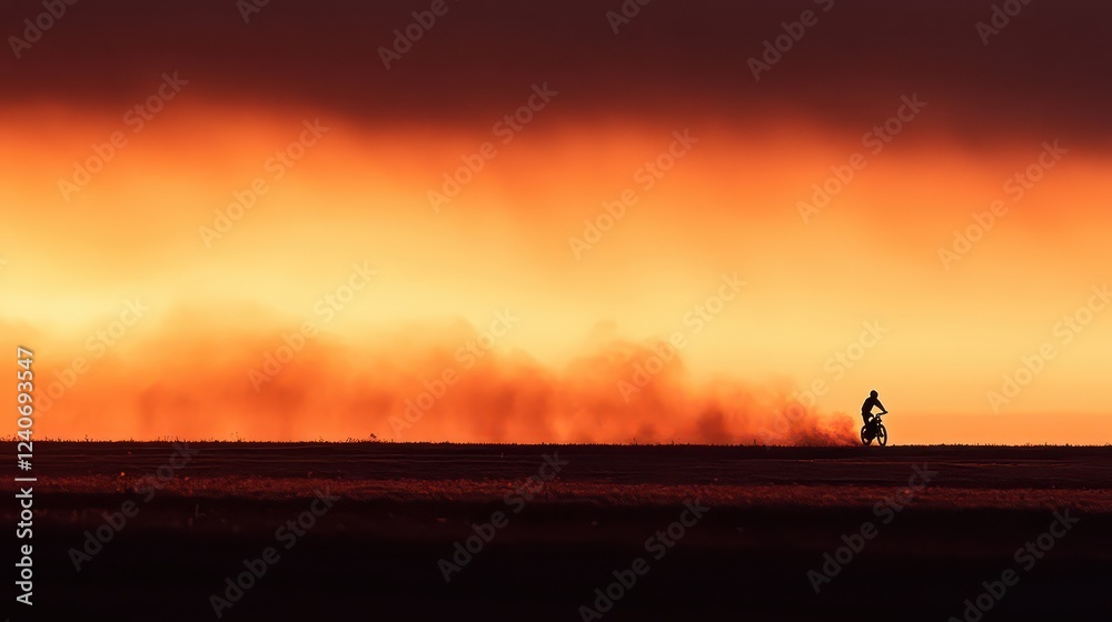 A lone motorcyclist rides through a dusty landscape at sunset, creating a dramatic silhouette A lone motorcyclist rides through a dusty landscape at sunset, creating a dramatic silhouette