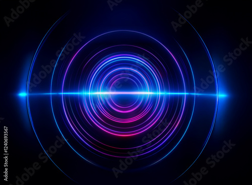 Abstract image featuring concentric glowing circles in vibrant blue and purple hues, intersected by a bright horizontal beam of light against a black background.  It evokes a sense of energy and techn