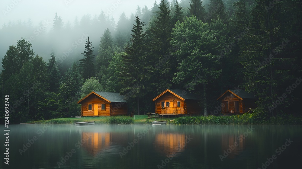 Fototapeta premium Misty lake cabins, forest background, tranquil escape
