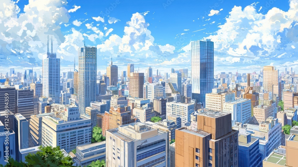Fototapeta premium Sunny Cityscape, Birds Flying, High-Rise Buildings, Background Sky, Illustration
