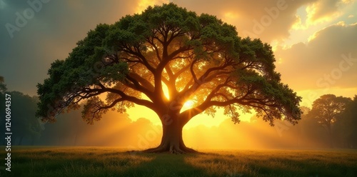 Golden rays pierce through the canopy, illuminating a majestic tree , nature, golden