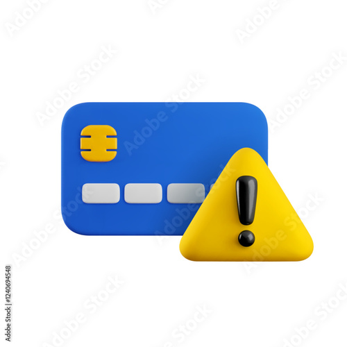 Vector cartoon 3d credit card will expire soon icon. Realistic 3d render of debit card and exclamation mark in yellow triangle. Online payment error, transaction problem concept, fraud warning symbol.