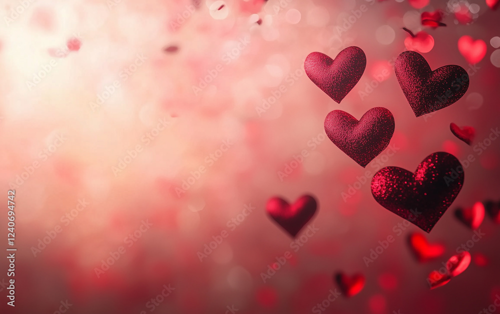 A dreamy scene of floating red hearts against a soft bokeh background A dreamy scene of floating red hearts against a soft bokeh background