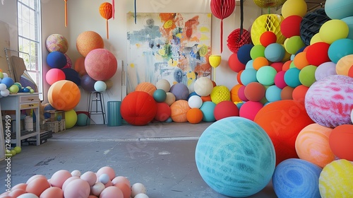 A large room filled with colorful balls of various sizes. The balls are arranged in a haphazard manner, and the colors are bright and saturated.