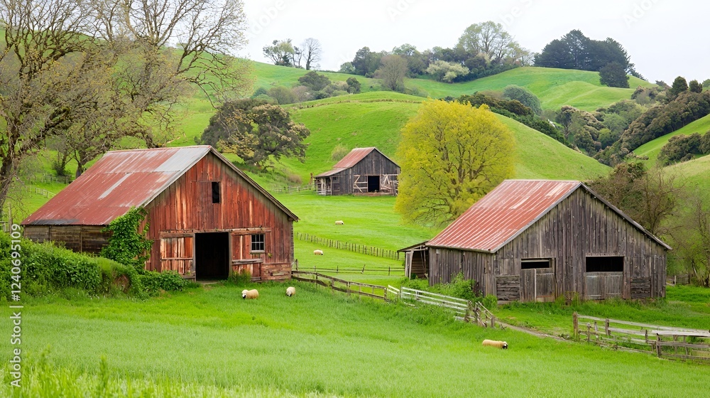 Rustic barns on rolling green hills, sheep graze, spring landscape, idyllic farm scene Rustic barns on rolling green hills, sheep graze, spring landscape, idyllic farm scene