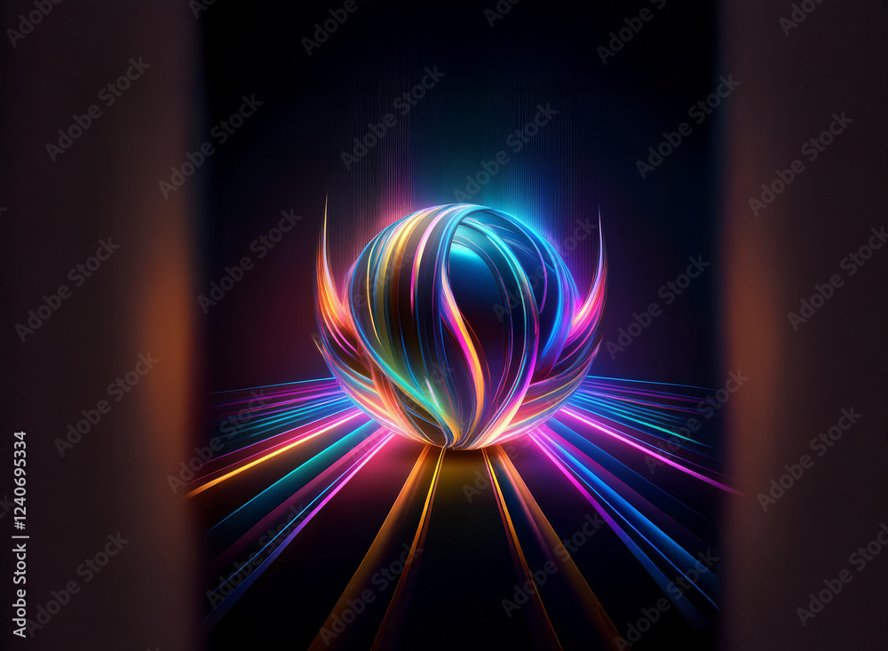 Obraz premium A vibrant, iridescent sphere glows with inner light, surrounded by radiating beams of color on a dark background. The sphere's surface is textured, resembling flowing ribbons or petals.