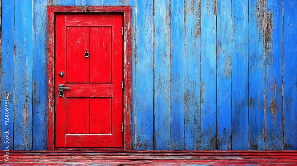 A vibrant red door set in weathered blue paneling, offering a striking contrast. The image captures rustic charm with bold color choice. A vibrant red door set in weathered blue paneling, offering a striking contrast. The image captures rustic charm with bold color choice.