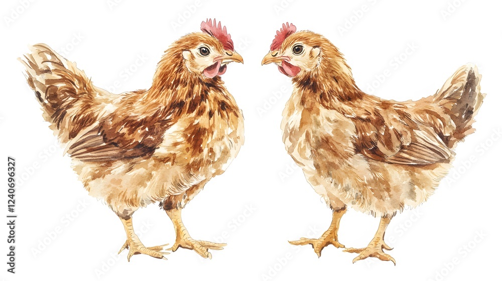 Fototapeta premium Two Brown Chickens Facing Each Other Watercolor Painting