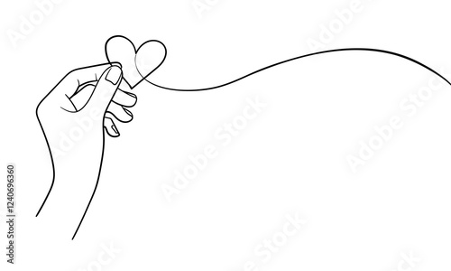 Human left arm holding heart line continuous drawn. Hand hold heart in line style. Vector illustration isolated on white