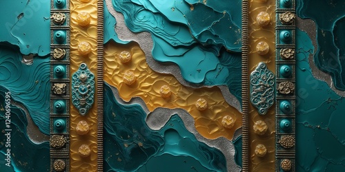 Teal and Gold Abstract Pattern with Decorative Embellishments and Jewel Accents Elegant Design