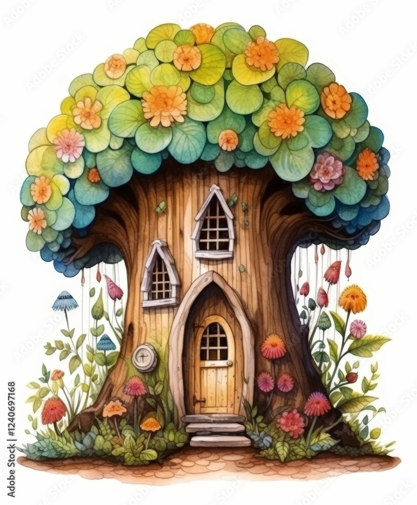 Fototapeta premium Whimsical Tree House with Colorful Flowers and Lush Foliage