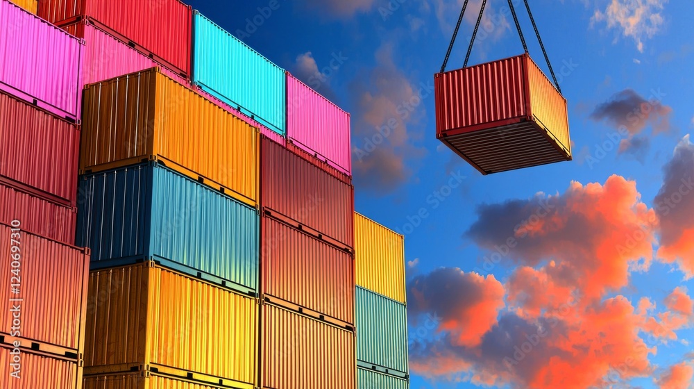 Fototapeta premium A vibrant stack of cargo containers against a dramatic sky with one being lifted by a crane symbolizes global trade and logistics.