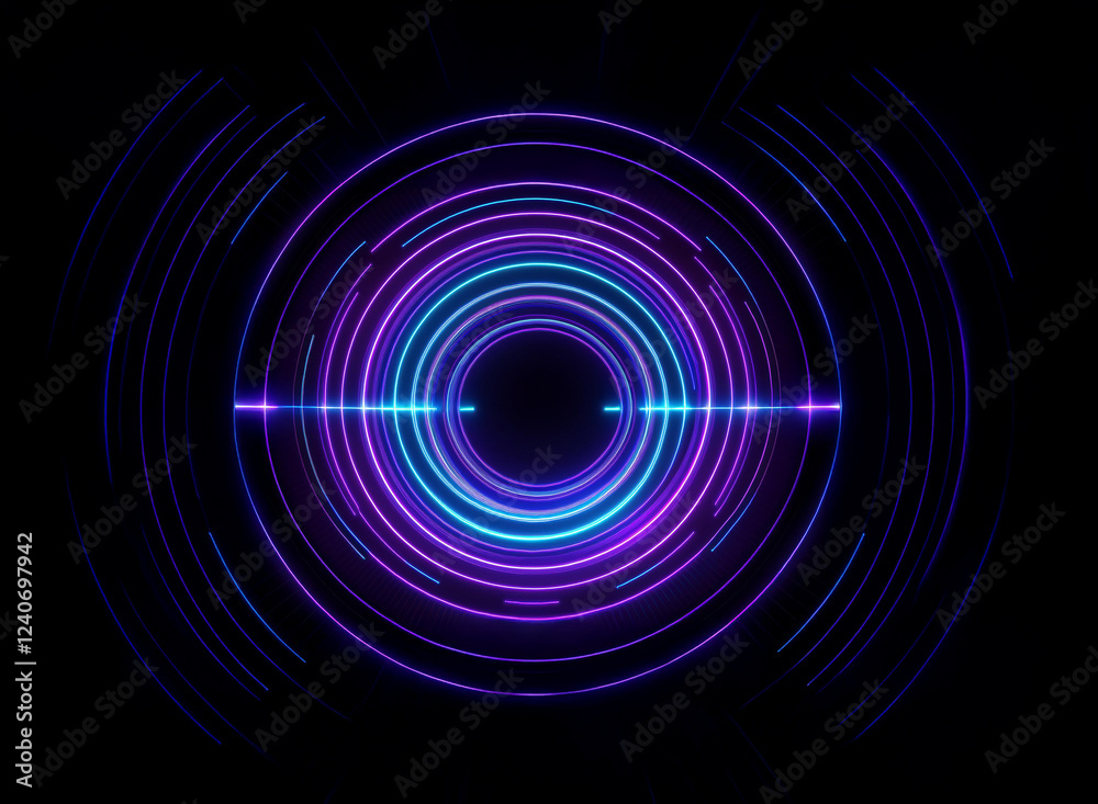 Abstract concentric circles of vibrant purple and blue neon light glow against a dark background, creating a futuristic, technological feel. A horizontal line of light bisects the design. Abstract concentric circles of vibrant purple and blue neon light glow against a dark background, creating a futuristic, technological feel. A horizontal line of light bisects the design.
